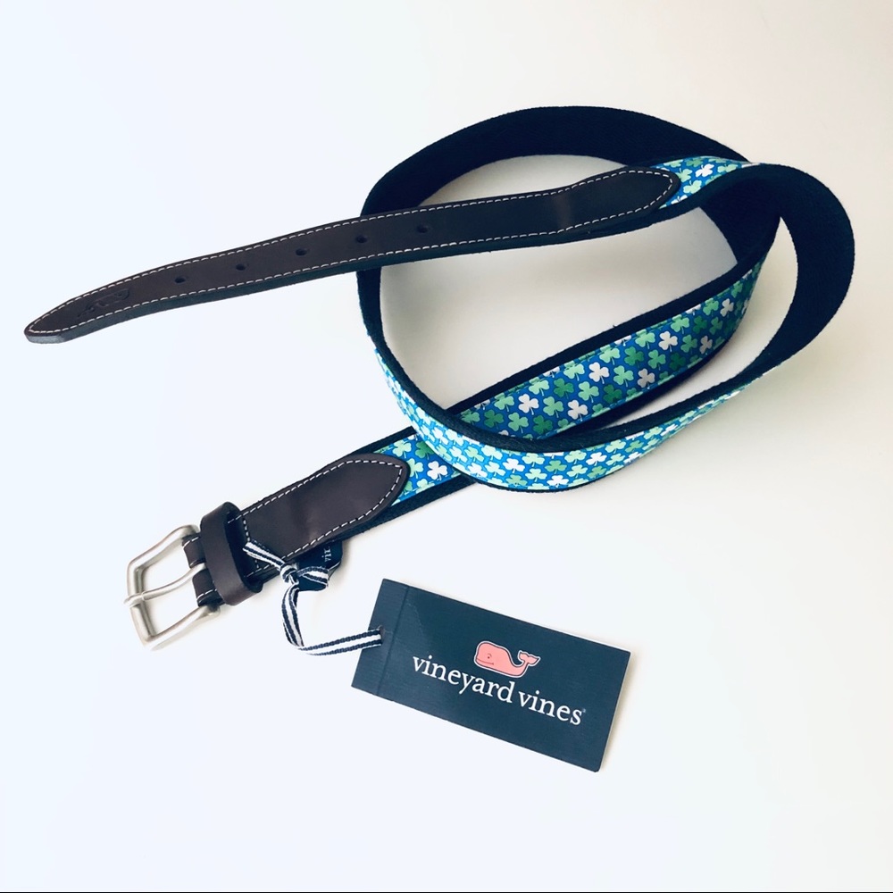 Spring Lucky 4-Leaf Clover Vineyard Vines Classic Country Club Prep Leather Belt